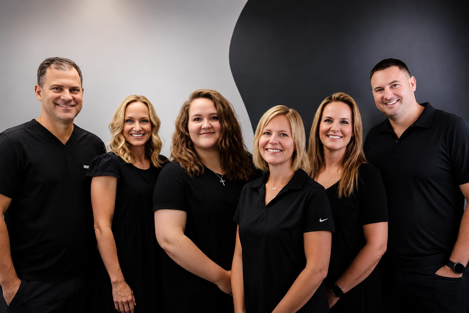 Duplicate group photo of staff in black attire